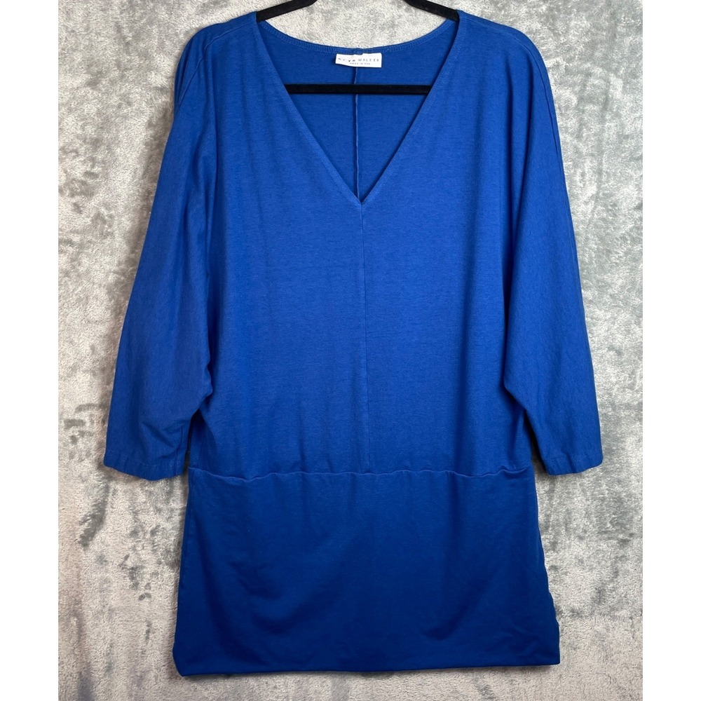 Bryn Walker Tunic Resort Shirt Dress Womens Large Blue Bamboo Lagenlook Stretch